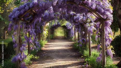 Craft a romantic garden with arches and pergolas covered in fragrant climbing roses and wisteria, creating romantic pathways and shaded areas.