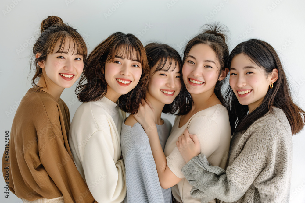 Obraz premium ナチュラルな色の衣装を着たアジア人女性の集合グループ。美容,健康,フィットネス,連帯,多様性