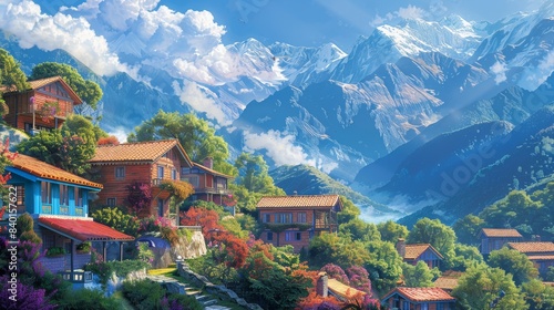 Vibrant mountain village scene, illustrating global unity, with diverse architectural influences and stunning natural surroundings