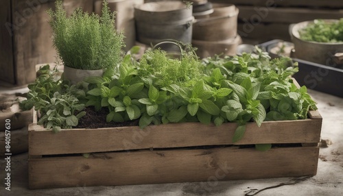 A wooden crate holds assorted herbs like mint, with over 9 potted plants arranged naturally, showcasing their beauty and freshness.