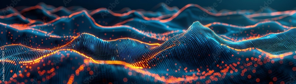 Abstract visualization of stock market data, with glowing peaks and valleys representing financial trends and analytics Abstract visualization of stock market data, with glowing peaks and valleys representing financial trends and analytics