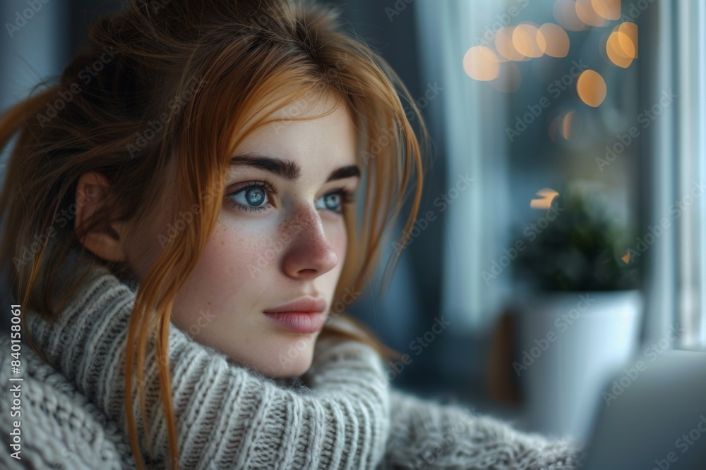 Woman red hair watch window Woman red hair watch window