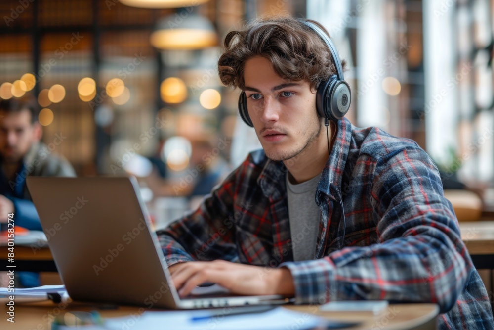 Man using laptop and headphones Man using laptop and headphones