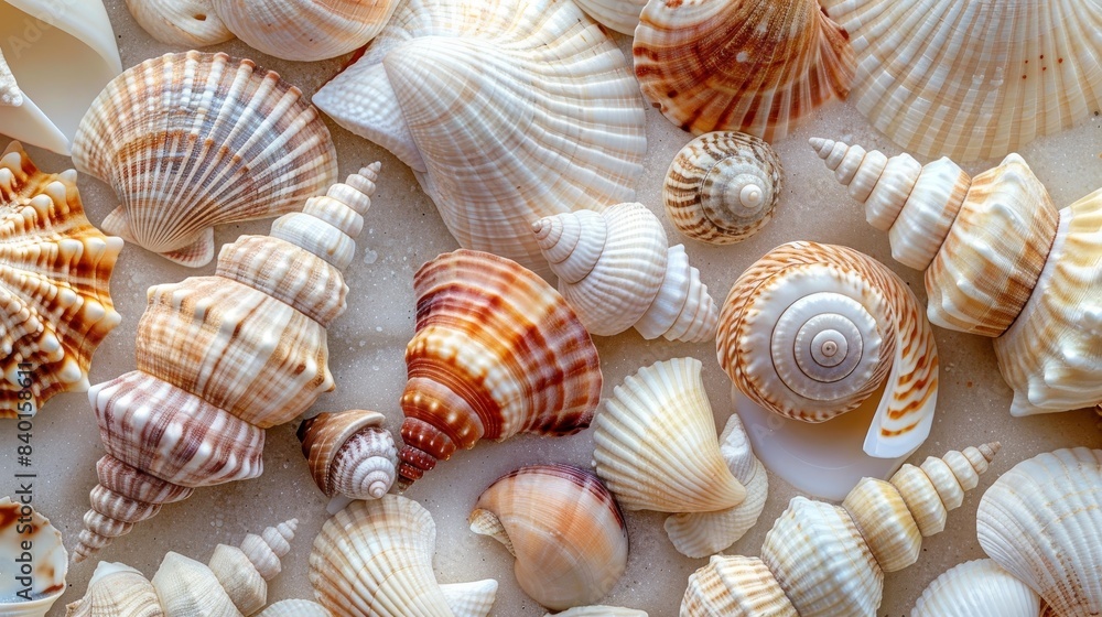A close-up view of various seashells, showcasing their intricate details and natural beauty, summer vacation.