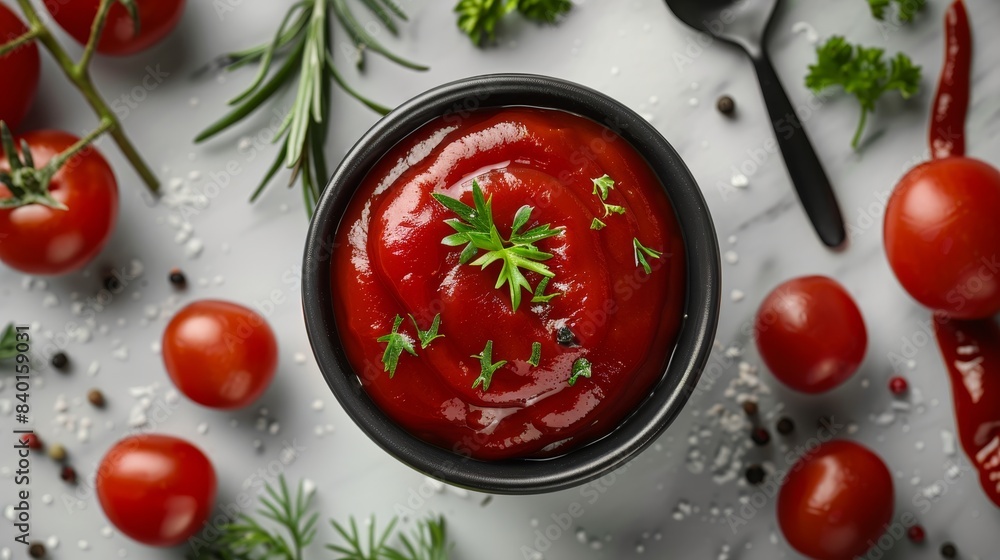 Top view of rich ketchup sauce with fresh herbs beside, isolated background, studio-lit for crisp, detailed advertising Top view of rich ketchup sauce with fresh herbs beside, isolated background, studio-lit for crisp, detailed advertising