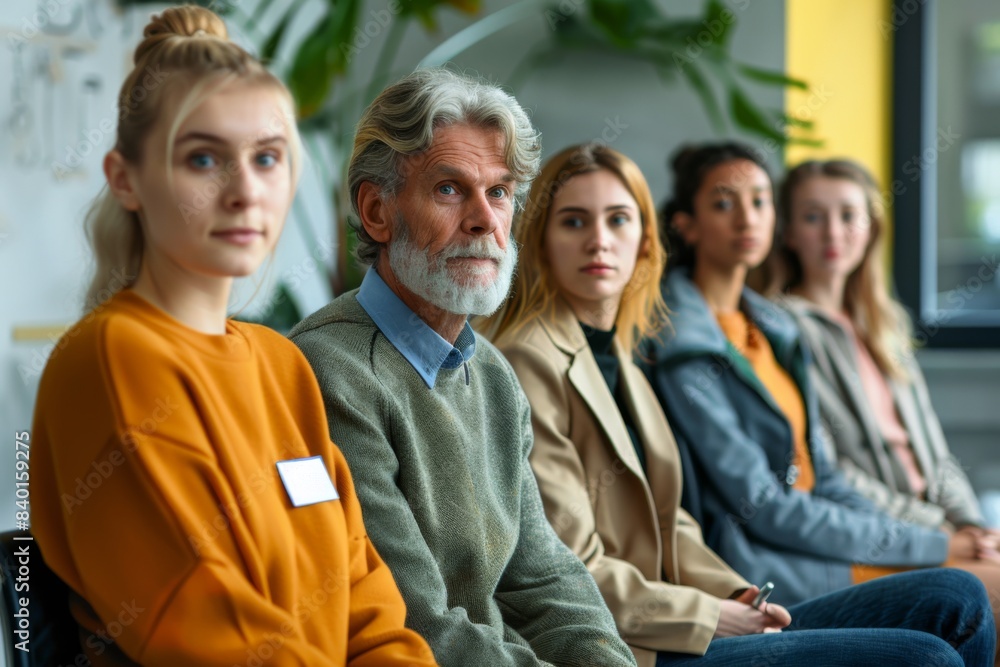 Multiple individuals seated in a line within a plant-filled room Multiple individuals seated in a line within a plant-filled room