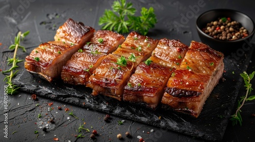 Top view of crispy pork belly slices  perfectly arranged  isolated background  studio lighting highlighting the golden-brown crust  mouthwatering appeal