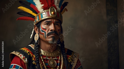 Portrait of a Man dressed like Moctezuma the historic aztec general. photo