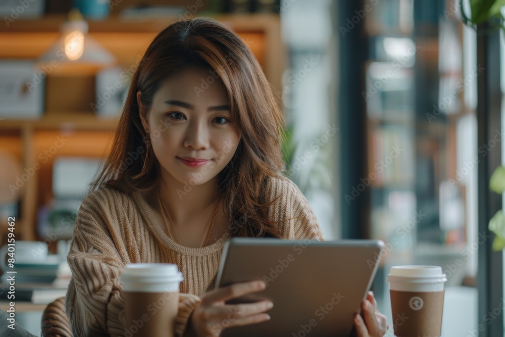 Female at desk with tablet and drink Female at desk with tablet and drink