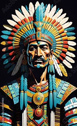 Portrait of a Man dressed like Moctezuma the historic aztec general.