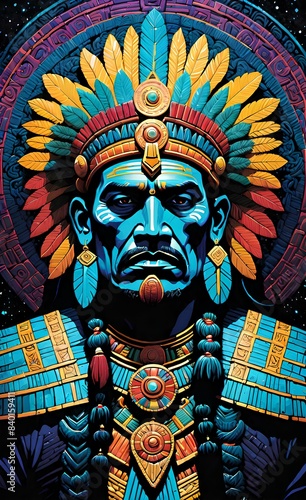Portrait of a Man dressed like Moctezuma the historic aztec general. photo