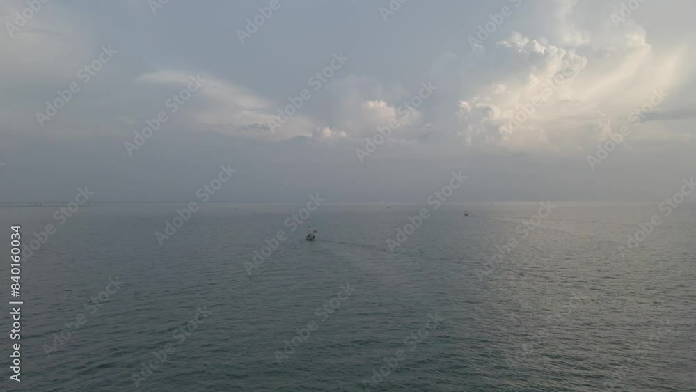boat on the sea. drone aerial view following a fishing boat out to sea boat on the sea. drone aerial view following a fishing boat out to sea
