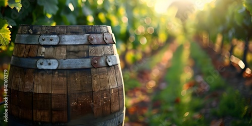 Vintage wine barrel in a vineyard part of the wine industry. Concept Wine Industry, Vineyard, Vintage Barrel, Winemaking, Wine Country photo