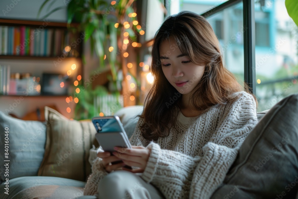 Female on sofa utilizing smartphone Female on sofa utilizing smartphone