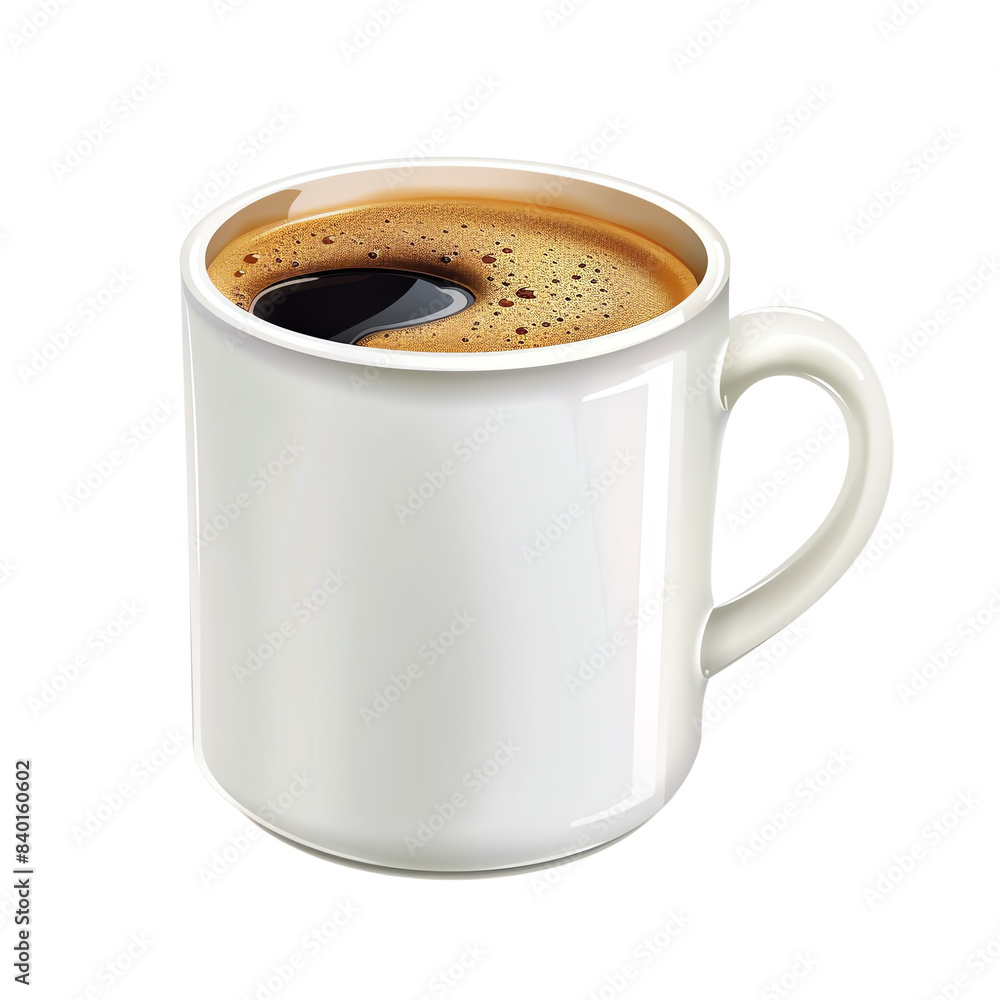 Fototapeta premium Close-up of a white ceramic mug filled with freshly brewed coffee, featuring a frothy top and minimalistic design. Perfect for morning boost.