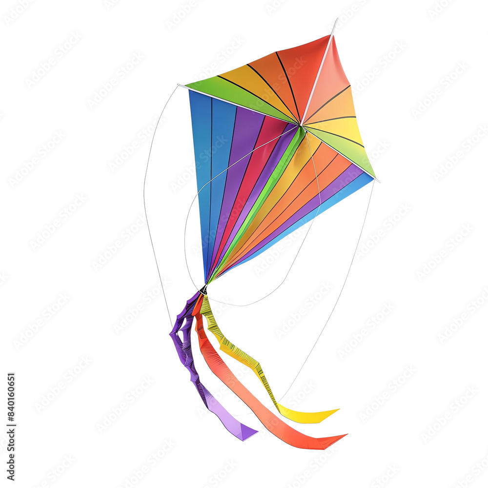 Colorful rainbow kite with long tails against a white background, perfect for outdoor activities and festive celebrations. Colorful rainbow kite with long tails against a white background, perfect for outdoor activities and festive celebrations.