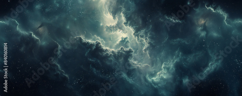 mesmerizing image of a nebula in deep space  featuring dark blues and greens with bright highlights. The swirling patterns and light details create a dynamic and ethereal scene  capturing the mystery