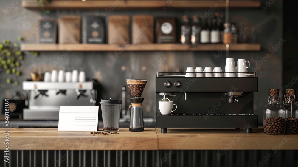 Modern Cafe Ambiance Barista's Corner with Espresso Machine Coffee Beans and Blank Business Cards Trendy Coffee Shop Interior Stock Photo Modern Cafe Ambiance Barista's Corner with Espresso Machine Coffee Beans and Blank Business Cards Trendy Coffee Shop Interior Stock Photo