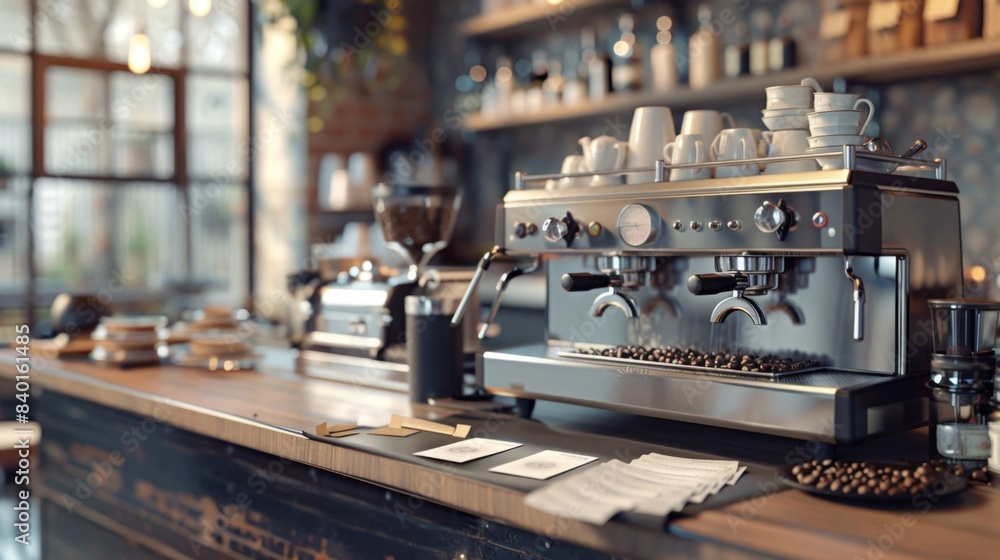 Fototapeta premium Modern Cafe Ambiance Barista's Corner with Espresso Machine Coffee Beans and Blank Business Cards Trendy Coffee Shop Interior Stock Photo