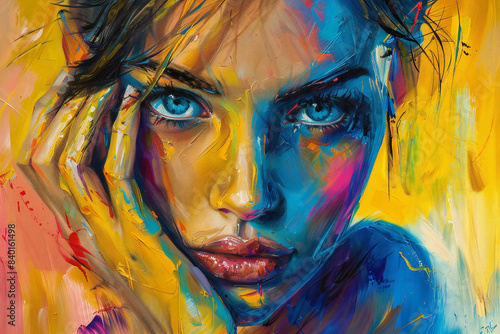 Vibrant and expressive painting of a woman s face with bold  colorful brushstrokes highlighting her intense blue eyes and thoughtful expression. This artwork blends realism and abstract elements