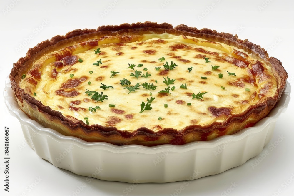 Classic cheese quiche with a golden crust, garnished with fresh herbs, served in a white baking dish, set against a bright background Classic cheese quiche with a golden crust, garnished with fresh herbs, served in a white baking dish, set against a bright background