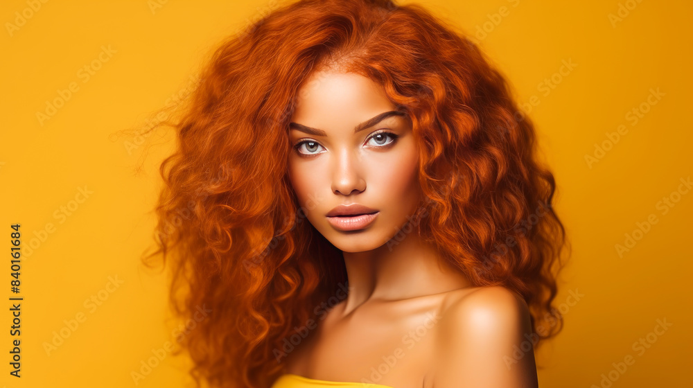 Beautiful, sexy, happy smiling dark-skinned African American woman with perfect skin and red hair, on a yellow background, banner. Beautiful, sexy, happy smiling dark-skinned African American woman with perfect skin and red hair, on a yellow background, banner.