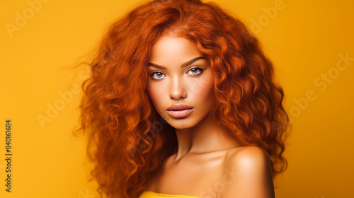 Beautiful, sexy, happy smiling dark-skinned African American woman with perfect skin and red hair, on a yellow background, banner.