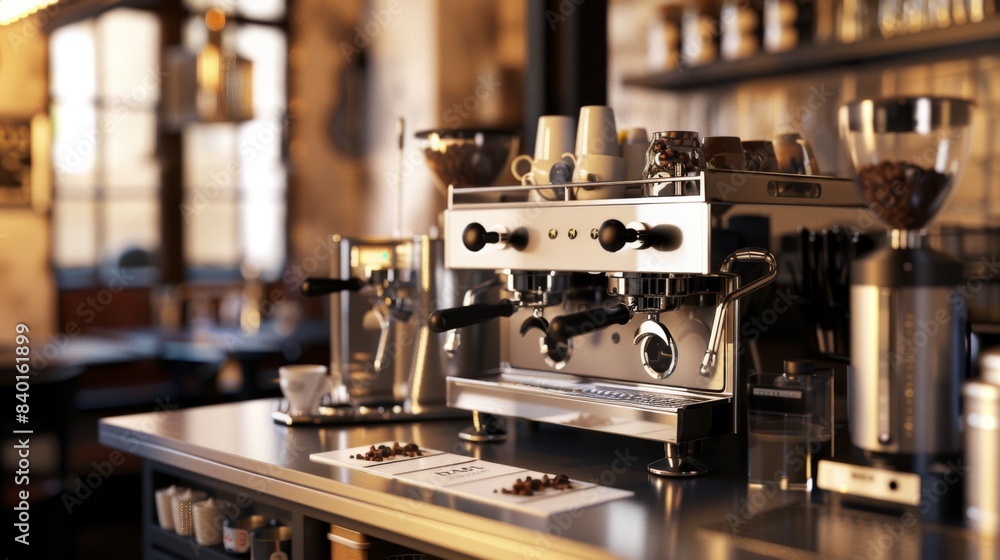 Modern Cafe Ambiance Barista's Corner with Espresso Machine Coffee Beans and Blank Business Cards Trendy Coffee Shop Interior Stock Photo Modern Cafe Ambiance Barista's Corner with Espresso Machine Coffee Beans and Blank Business Cards Trendy Coffee Shop Interior Stock Photo