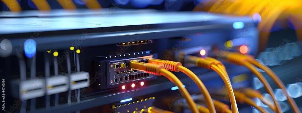 Naklejka premium Fiber Optic Distribution Box with Multiple Cable Connections for Digital Telecom Network