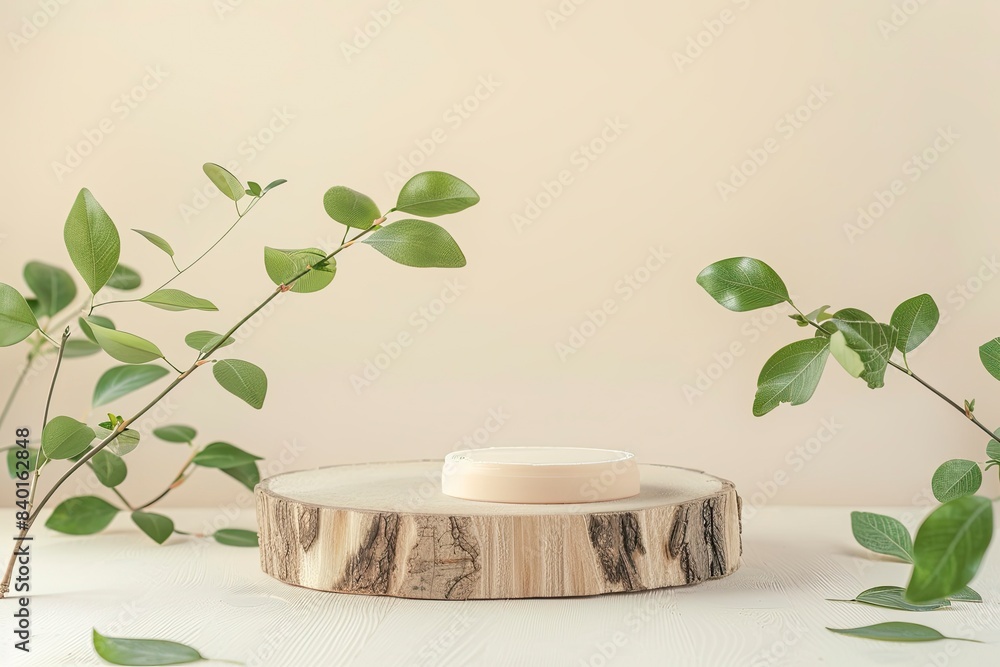 Minimal modern product display on neutral beige background. Wood slice podium and green leaves. Concept scene stage showcase for new product, promotion sale with generative ai Minimal modern product display on neutral beige background. Wood slice podium and green leaves. Concept scene stage showcase for new product, promotion sale with generative ai