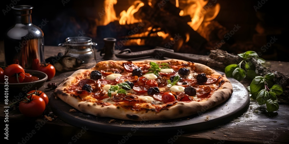 Image of Italian pizza cooked in woodfired oven traditional Italian style. Concept Food Photography, Italian Cuisine, Woodfired Oven, Traditional Cooking Methods Image of Italian pizza cooked in woodfired oven traditional Italian style. Concept Food Photography, Italian Cuisine, Woodfired Oven, Traditional Cooking Methods