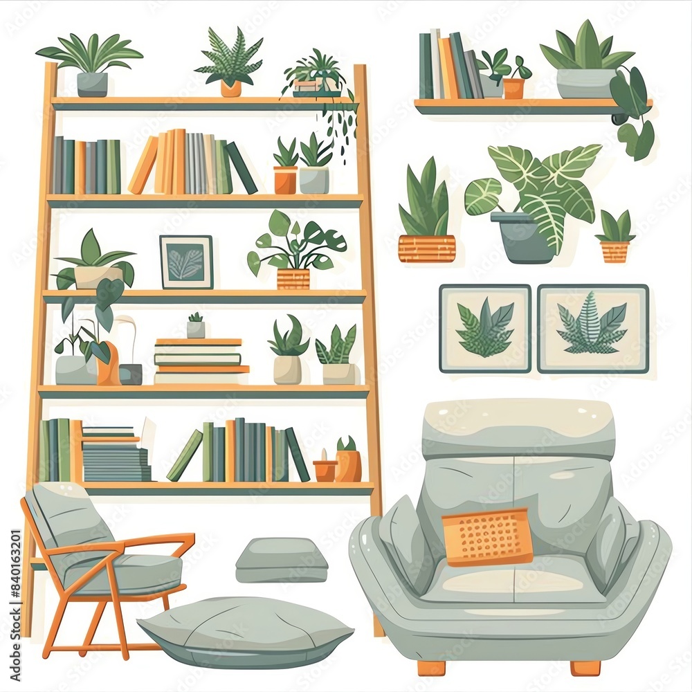 Fototapeta premium Cozy living room with bookshelves, armchair, and decorative plants. Modern interior design with natural elements, books, and greenery.