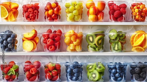 Shelves with colorful fruit cups and berries, presenting a variety of fresh, ready-to-go snack options