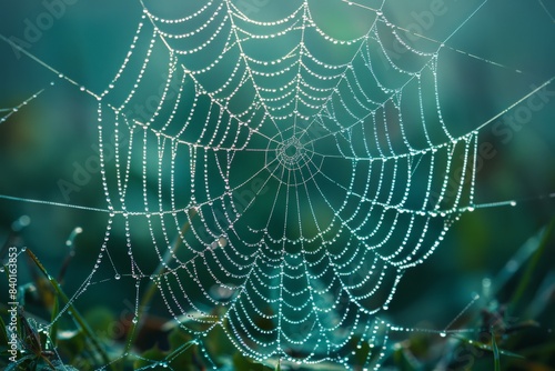 A close up of a spider web covered with water drops