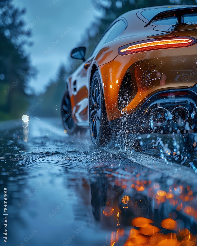Sports car speeding on a wet road with water splashing in a dynamic and vibrant scene, capturing the motion and energy. Sports car speeding on a wet road with water splashing in a dynamic and vibrant scene, capturing the motion and energy.