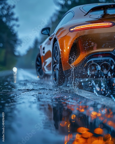 Sports car speeding on a wet road with water splashing in a dynamic and vibrant scene, capturing the motion and energy.