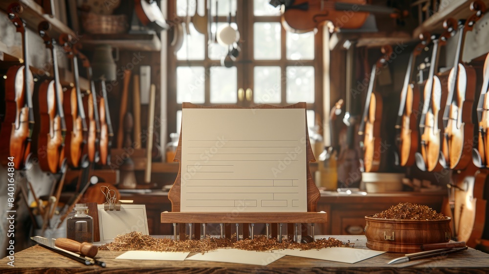 Masterful Craftsmanship Artisan's Workshop with Handcrafted Violins Wood Shavings and Tools Masterful Craftsmanship Artisan's Workshop with Handcrafted Violins Wood Shavings and Tools