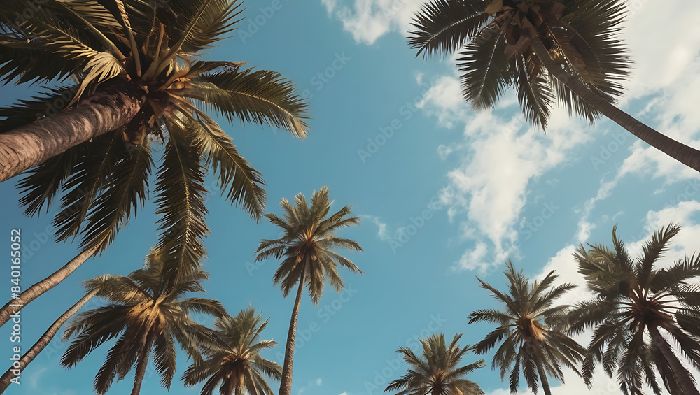 Naklejka premium An lower view shot of a Blue sky and palm trees view from below depicting summer and heat, vintage style, tropical beach and summer background with copy space 