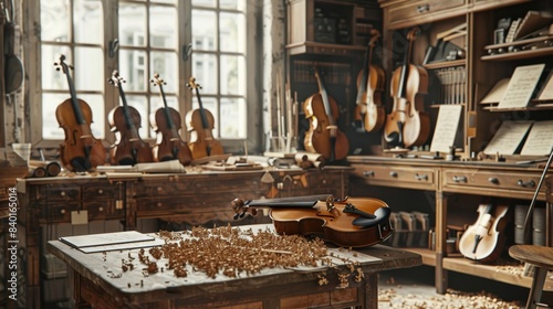 Masterful Craftsmanship Artisan's Workshop with Handcrafted Violins Wood Shavings and Tools