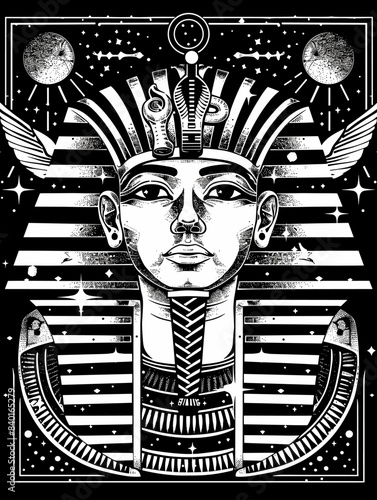 Monochrome illustration of the ancient Egyptian pharaoh on the background of the American flag