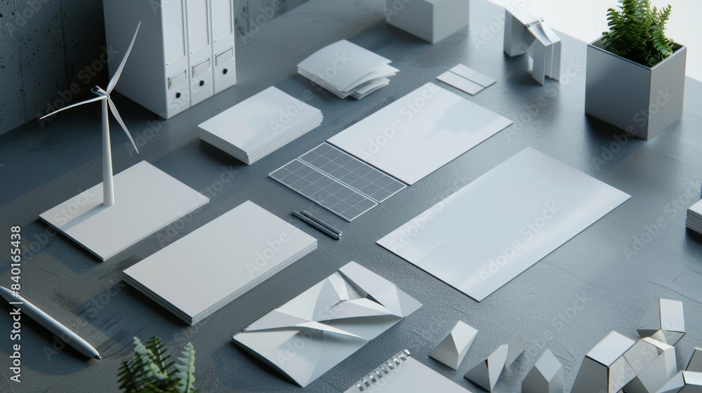 Obraz premium Renewable Energy Innovations Clean Workspace with Wind Turbine and Solar Panel Models EcoFriendly Technology and Sustainable Solutions for Engineers