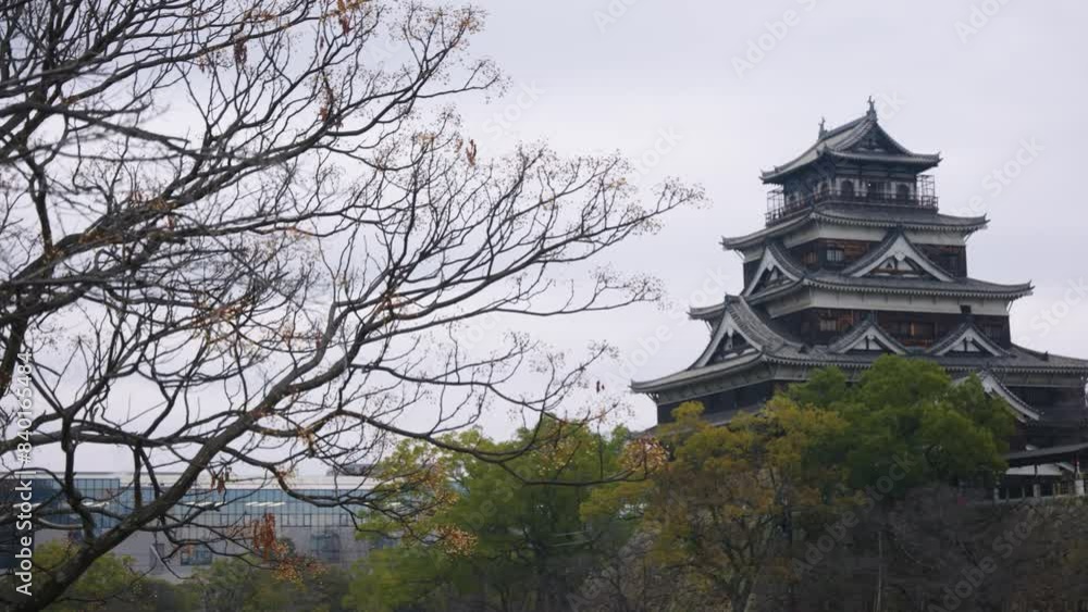 Hiroshima Castle in Background, Panning Establishing Shot of Japan Hiroshima Castle in Background, Panning Establishing Shot of Japan