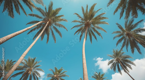 An lower view shot of a Blue sky and palm trees view from below depicting summer and heat, vintage style, tropical beach and summer background with copy space 