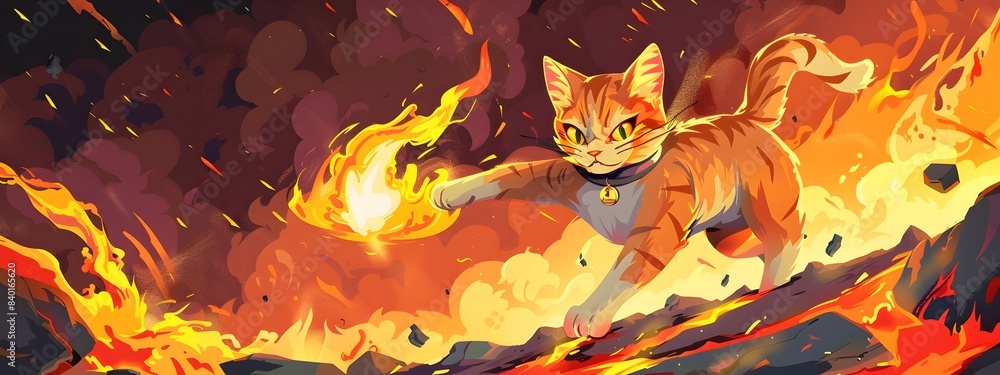 Naklejka premium Fierce Superhero Cat Unleashes Fiery Powers Amidst Lava Filled Background