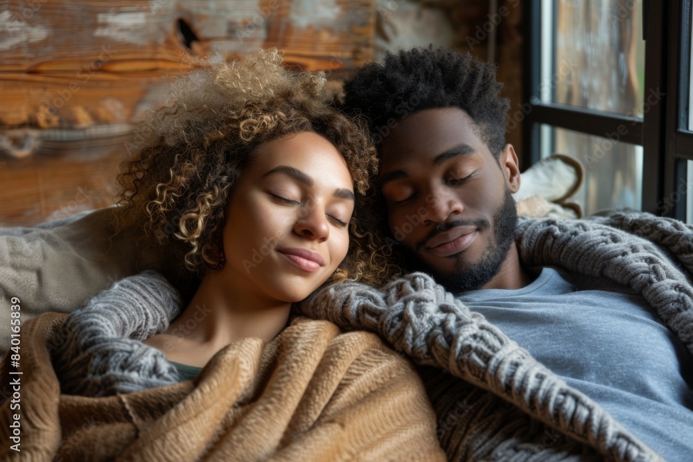 Man woman resting sofa blanket Man woman resting sofa blanket