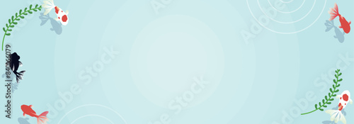 夏の水面を泳ぐ金魚の広告バナー背景テンプレート　Advertising banner background template of goldfish swimming on the surface of summer water