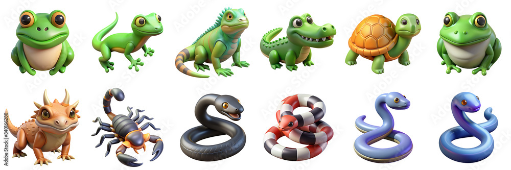 Reptiles and Amphibians 3D icons. Illustration of frogs, chameleons, crocodile, turtle, newt, scorpions, snakes Reptiles and Amphibians 3D icons. Illustration of frogs, chameleons, crocodile, turtle, newt, scorpions, snakes