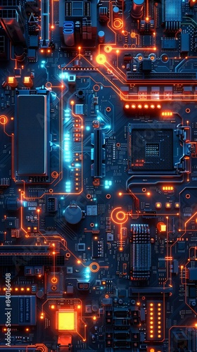 Wallpaper Mural Cyberpunk motherboard with illuminated circuits, vibrant blue and orange, digital painting, high contrast, detailed textures 8K , high-resolution, ultra HD,up32K HD Torontodigital.ca