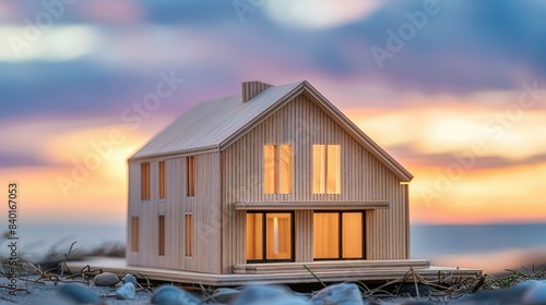 Miniature of wooden house model on seashore at sunrise with blurred sky as a background. Perfect for property and real estate related contents.