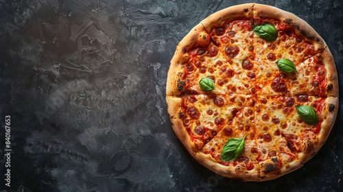 Pizza photographed from above in a flat lay style Copy space 